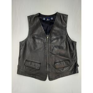 Lizsport Biker Rockabilly Vintage Black Soft Leather Vest w/ Pockets Womens L
